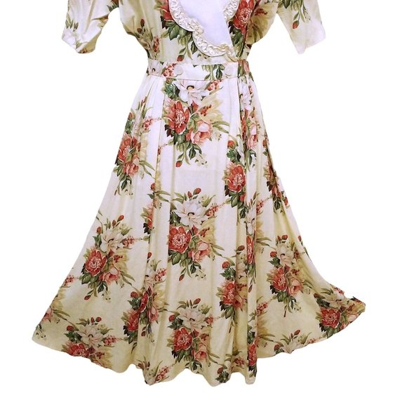 Vintage 80s Expo USA Floral Prairie Dress Lace Collar M(10) Puffed Shoulder Pads - Picture 12 of 12